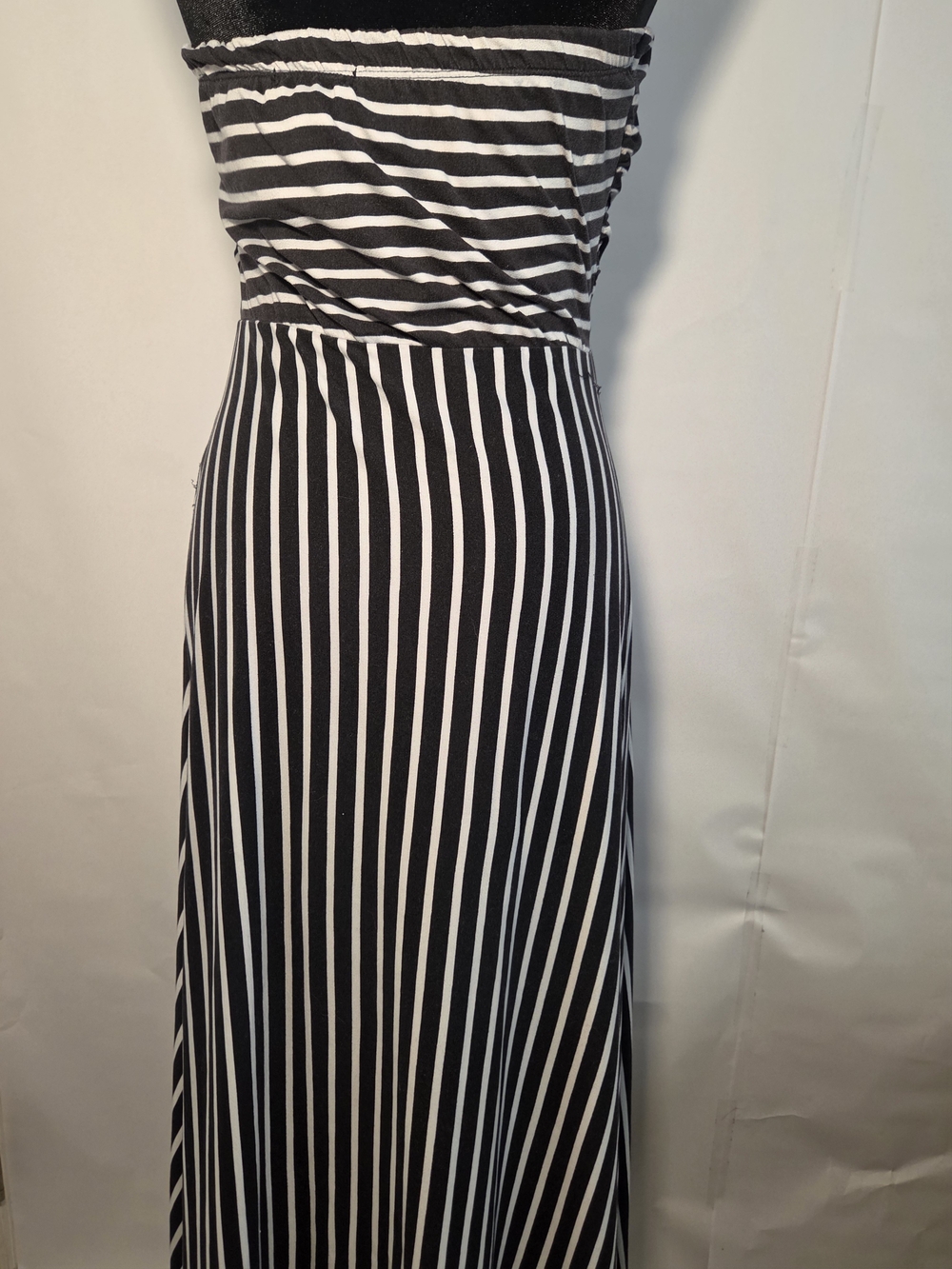 Striped Black & White Strapless Maxi Dress